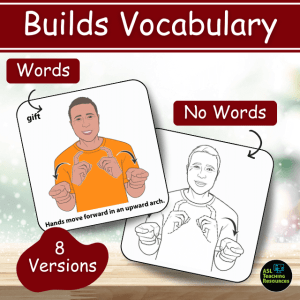 Christmas ASL Flashcards (Part 1). image shows colored and black-and-white signs with and without words. Bubble in the lower right corner states that 8 versions are in this flashcard set.