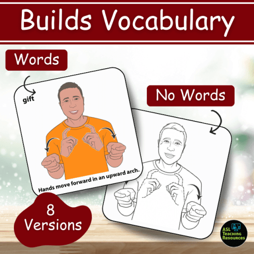 Christmas ASL Flashcards (Part 1). image shows colored and black-and-white signs with and without words. Bubble in the lower right corner states that 8 versions are in this flashcard set.