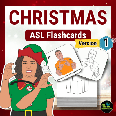 Christmas ASL Flashcards (Part 1). Image features a lady dressed as an elf signing Christmas next to a deck of Christmas Flashcards. Deck shows and colored and black-and-white signs and an icon card.