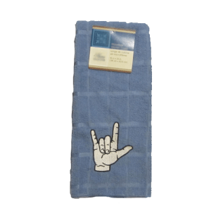 Embroidered I love you dish, hand towel. Blue Grey Micro Fiber