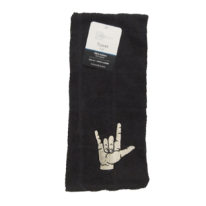 Embroidered I love you dish, hand towel. Black Micro Fiber.