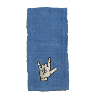 Embroidered I love you dish, hand towel. Blue cotton.