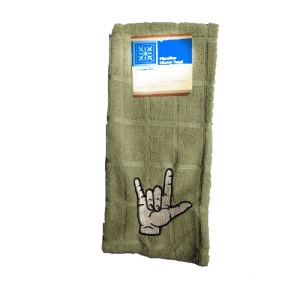 Embroidered I love you dish, hand towel. Olive Green Micro Fiber
