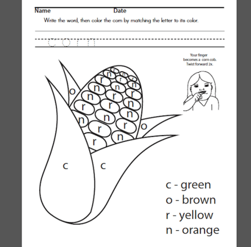 Phonics ASL Thanksgiving Corn sample