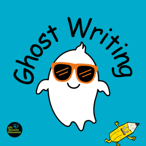 Ghost writing prompts with Sign Language. Image features a ghost wearing cool orage shades while a pencil runs aware scared. 