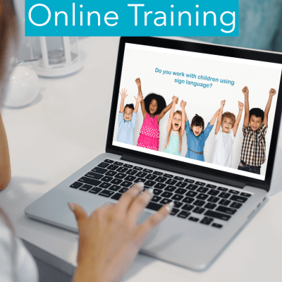 text online training woman at laptop with children on screen