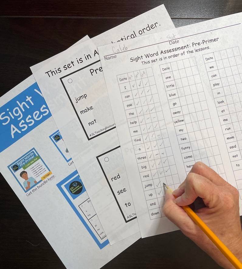 sight word assessment with teacher writing on it