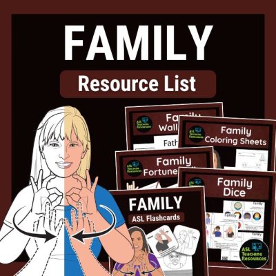 ASL Family flashcard and worksheet resources featuring illustrated materials for teaching sign language