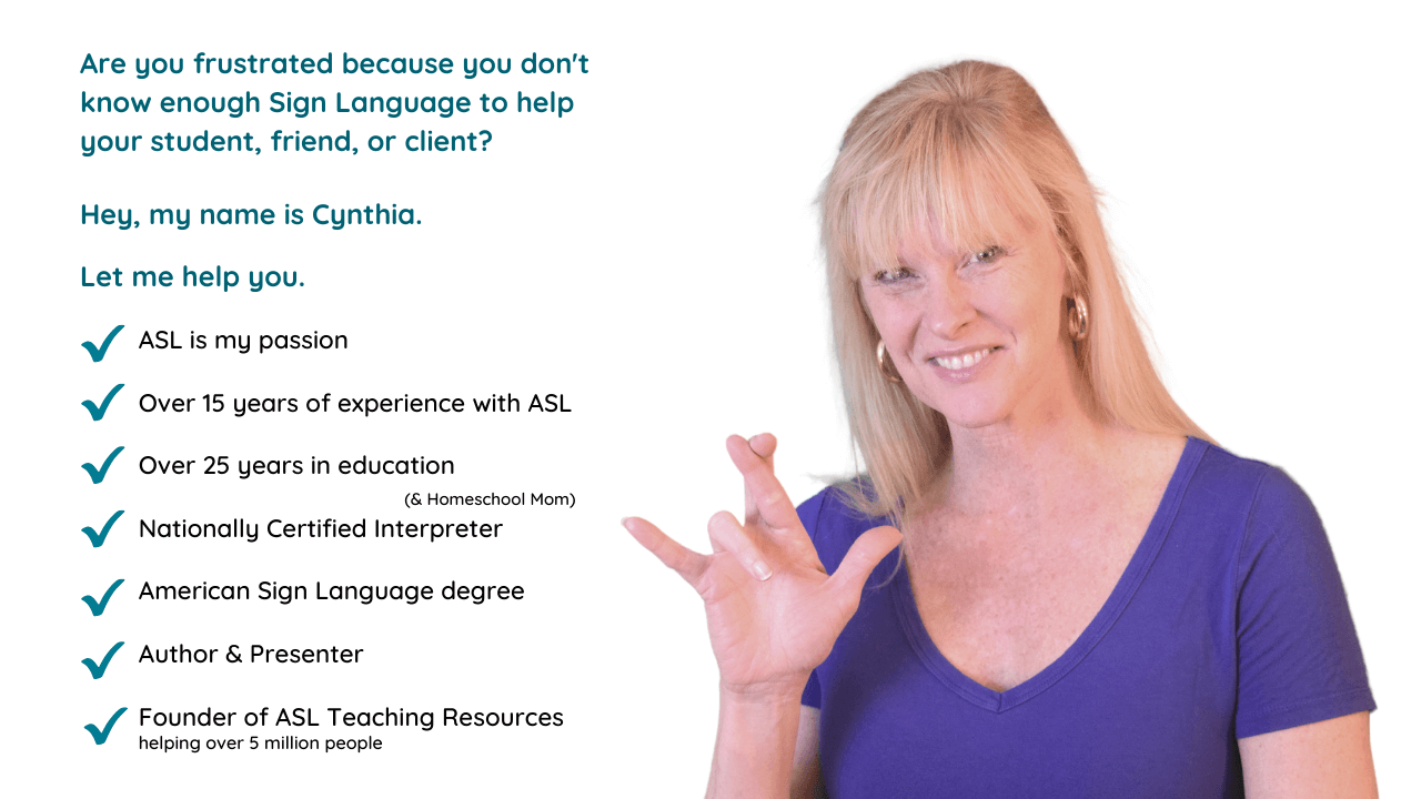 ASL Course Landing Page Cynthia About Me woman with i love you sign and her creditials