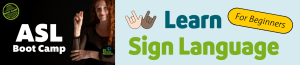 woman showing a sign banner says learn sign language for beginners