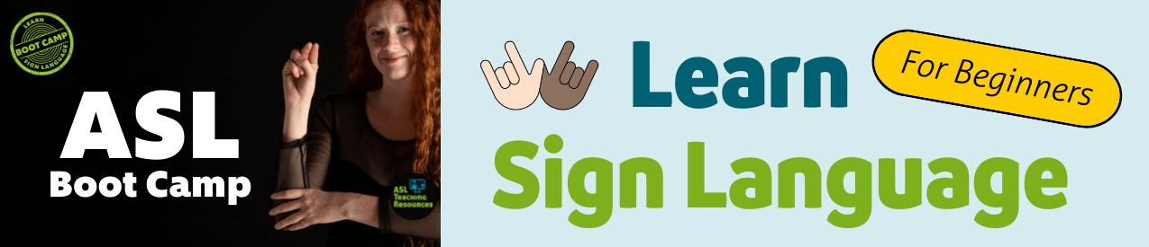 Landing Page ASL Couses Banner woman showing a sign banner says learn sign language for beginners