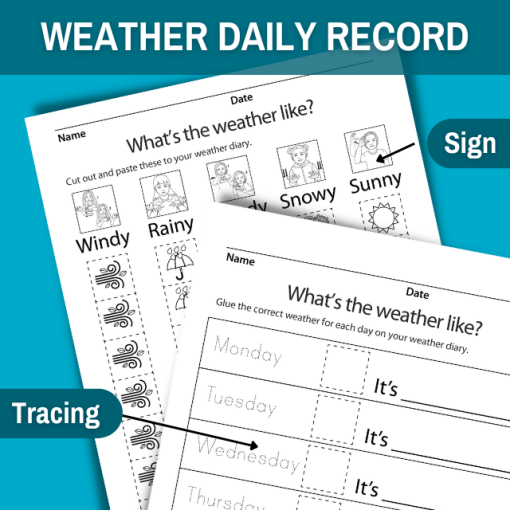 image feature the daily weather tracker and cut and paste icons. A blue banner at the top of the image reads weather daily report. under the banner on the right side of the image is a small blue bubble that reads sign. at the bottom left corner is a small blue bubble that reads tracing.