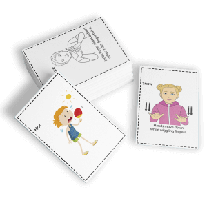 weather flashcard deck showing three face up cards with sign language