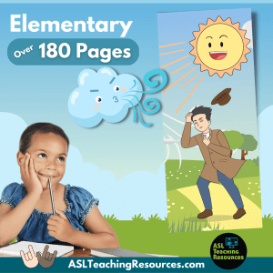Smiling girl thinking with weather-themed cartoon and text “Elementary Over 180 Pages.”