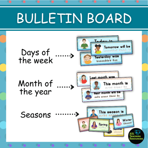 polka dot classroom calendar set includes days of the week, months of the year, and seasons. includes sign language.