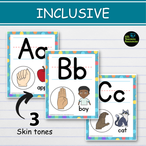 polka dot alphabet wall charts feature sign language, illustrations and upper- and lower-case alphabet and show asl signs in 3 skin tones