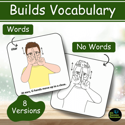 Christmas ASL Flashcards (Part 2) builds vocabulary with flashcards with and without word hints. image shows two flashcards, colored and black-and-white. bubble in lower right corner of image stats this set include 8 versions.