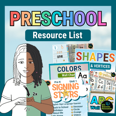 This image highlights a resource list for preschool teachers, featuring an illustrated child using sign language. Various ASL teaching materials are displayed, including charts for shapes, colors, the alphabet, and a Signing Stars unit. The design emphasizes easy access to visual learning tools for young children. Preschool Resource List with illustrated child signing, and previews of ASL teaching materials like shapes, colors, alphabet, and signing stars charts.