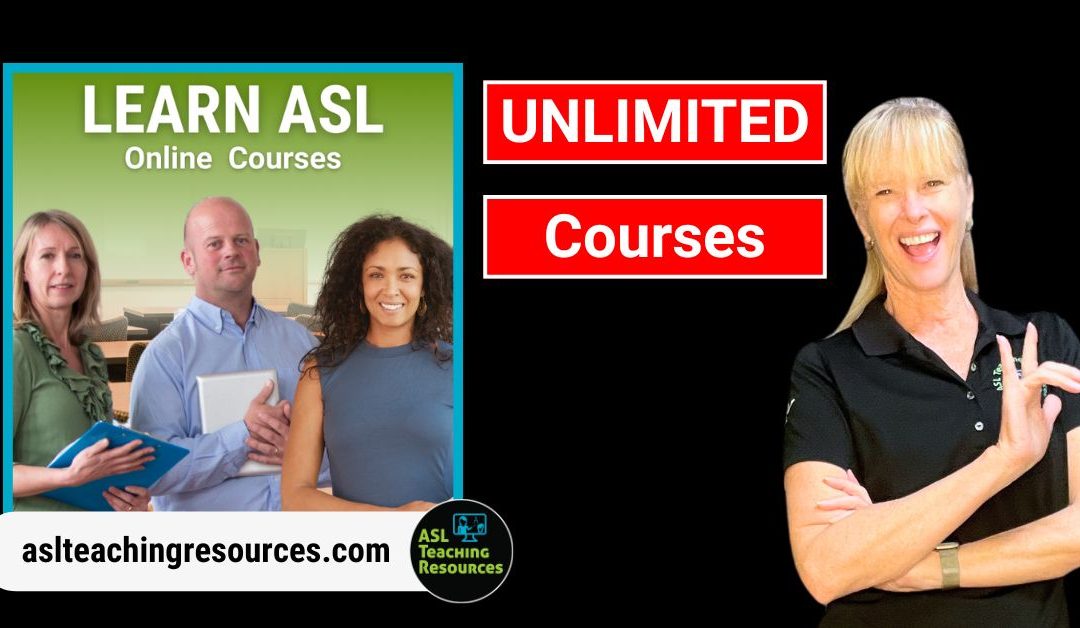 Group of three adults smiling and holding tablets with text "Learn ASL Online Courses" and a woman signing with "Unlimited Courses" text, promoting ASL teaching resources.