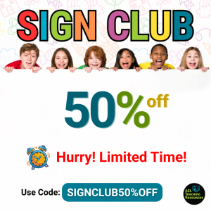 Text:50% Off Coupon for Sign Club Limited Time Only Image: 5 Kids holding the coupon poster