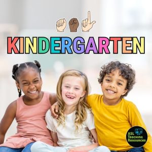 This image shows three children sitting side by side, representing kindergarten students. Above them, the word "KINDERGARTEN" is spelled out in bright, rainbow colors, with the ASL fingerspelling for "ASL" above it, promoting sign language learning for young kids. Three children sitting together with 'KINDERGARTEN' in colorful letters and ASL fingerspelling above.
