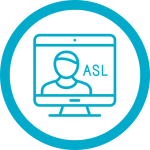 Blue circle Icon with person in a laptop with the text ASL.