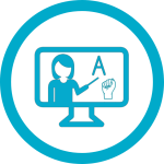 Blue circle Icon with teacher in a laptop pointing to letter A and sign A.