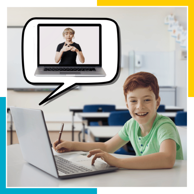 Smiling student learning online with a sign language interpreter on screen in classroom setting