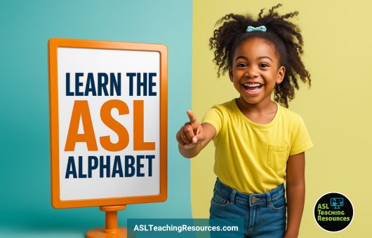 Smiling child signing the letter “D” next to a sign that says “Learn the ASL Alphabet” 2:1