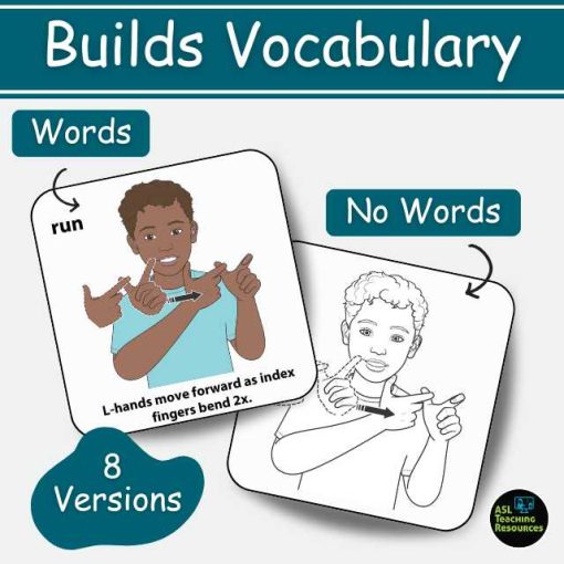 ASL Actions Flashcards showing vocabulary-building with words and no words options for prek-k sign language learners.