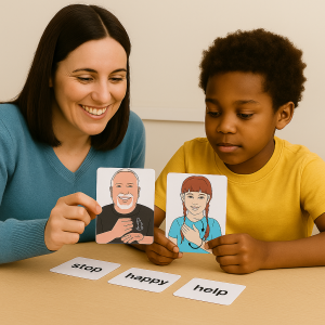 Teacher and child using ASL flashcards to learn common signs like help, happy, and stop.