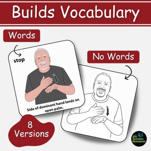 ASL flash cards showing vocabulary-building with words and no words options for first words sign language learners.