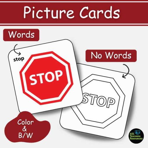 First Signs ASL picture cards with color and black-and-white stop sign images for early childhood educators.