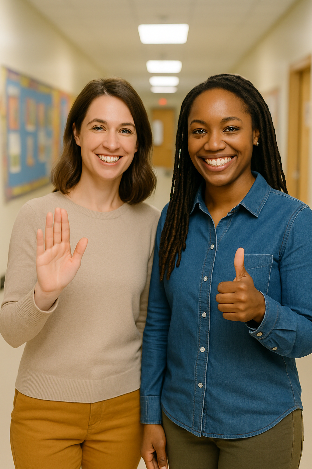 Two smiling female teachers standing in a school hallway—one signing “hello” with an open hand and the other giving a thumbs up, representing friendly communication and diversity in education.