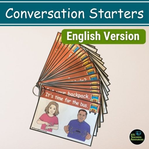 English bus conversation starter cards with ASL illustrations on a keyring.