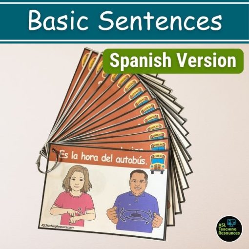 Spanish bus communication cards with ASL illustrations on a keyring.