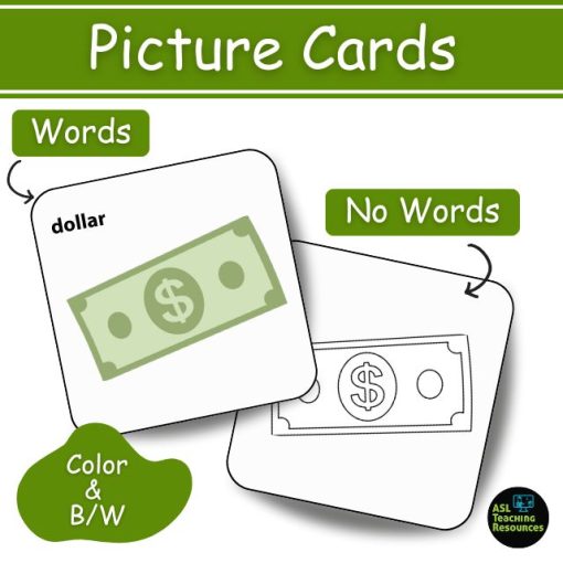 Flashcards money picture cards feature colored and black and white versions, with and without text.