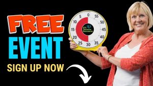 Smiling woman points at timer next to bold text promoting free ASL training event with sign-up message.