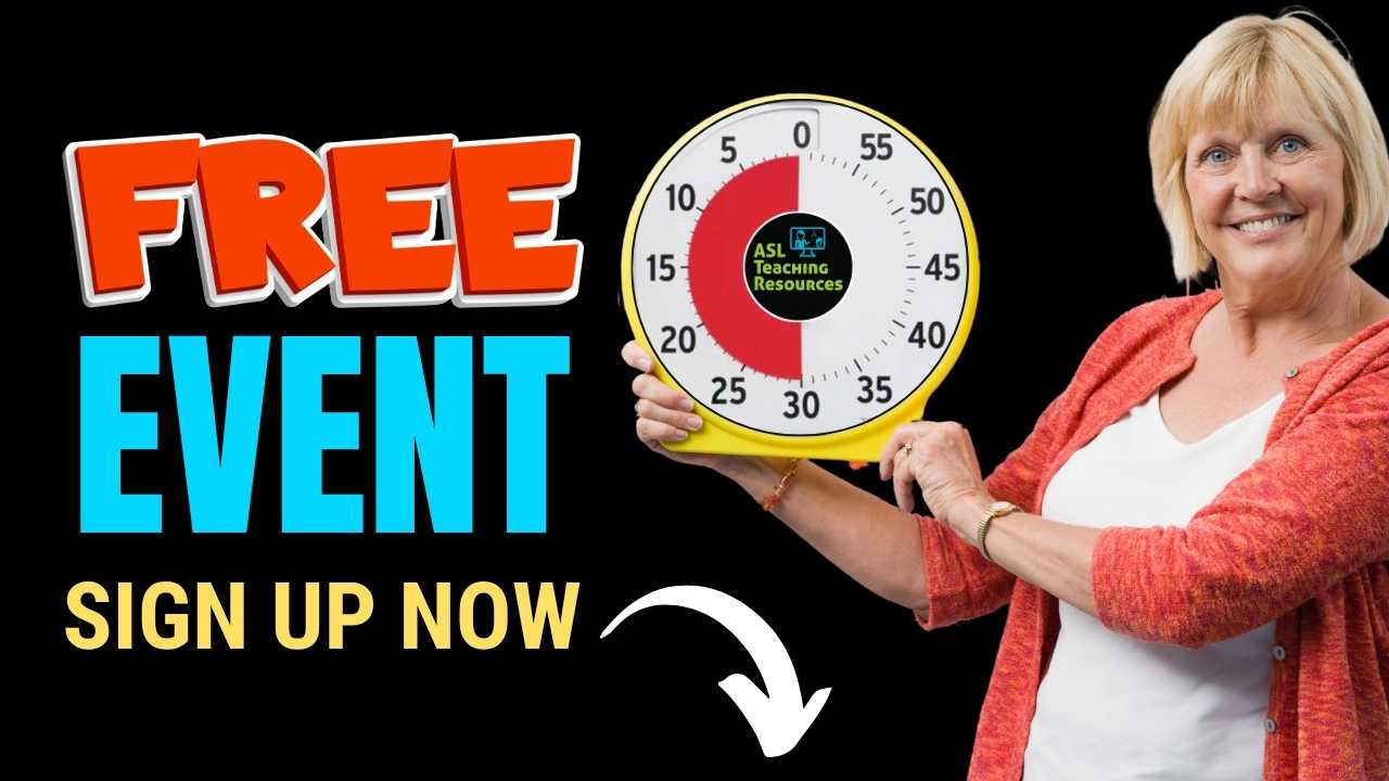 Smiling woman points at timer next to bold text promoting free ASL training event with sign-up message.