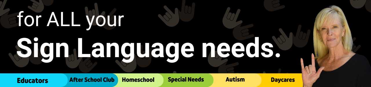 ASL Teaching Resources banner with a woman signing “I love you” and categories for educators and special needs.
