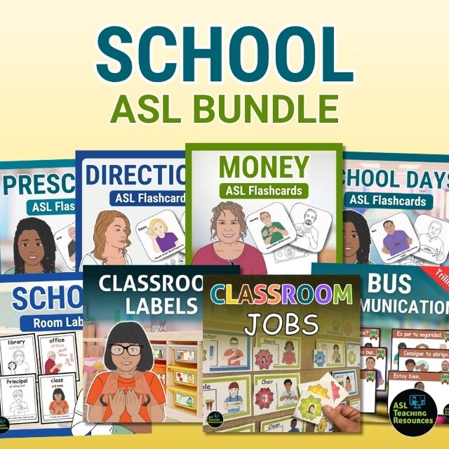 Covers of ASL flashcards and labels for school, featuring signs for directions, jobs, money, and classroom routines.