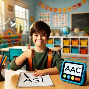 Young boy with Down syndrome in a classroom giving a thumbs up, seated at a desk with “ASL” written on paper and an AAC device beside him.