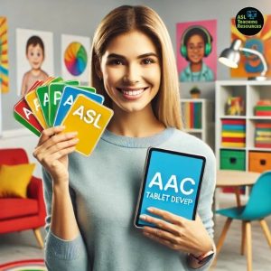 Smiling teacher holding AAC tablet and ASL flashcards, including a card showing the sign for "help" and a matching "help" sign language poster in the background, all in a bright, inclusive classroom.
