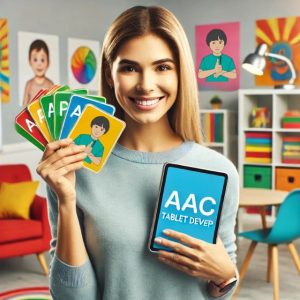 Smiling teacher holding AAC tablet and ASL flashcards, including a card showing the sign for "help" and a matching "help" sign language poster in the background, all in a bright, inclusive classroom.
