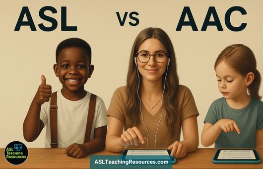 Smiling boy signing thumbs up, woman with headset, and girl using AAC device at table comparing ASL and AAC.
