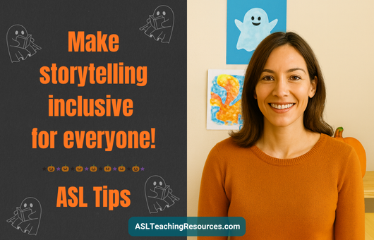 Smiling woman beside Halloween-themed ASL storytelling tips sign with cartoon ghosts and pumpkins perfect for Halloween story time.