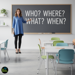 Teacher in classroom pointing to a chalkboard with WH questions: Who, Where, What, When – for ASL learning