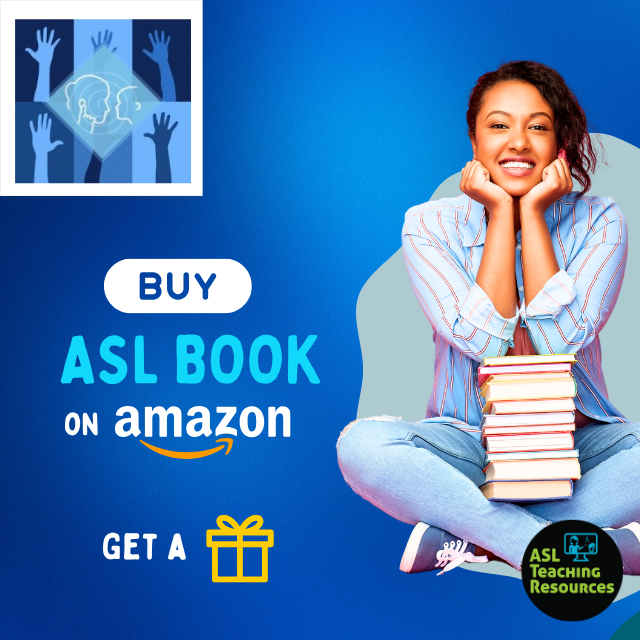 A smiling woman sits cross-legged holding a stack of books, promoting an ASL book available for purchase on Amazon. The blue background includes text that reads “Buy ASL Book on Amazon” with a short link and the ASL Teaching Resources logo. A graphic of SSCHL logo is in the top corner.