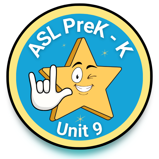 Smiling star character signing “I love you” with text that reads “Signing Stars” and “Unit 9” on a circular blue badge.