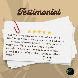 Testimonial with five stars praising ASL teaching calendar as a valuable classroom tool.